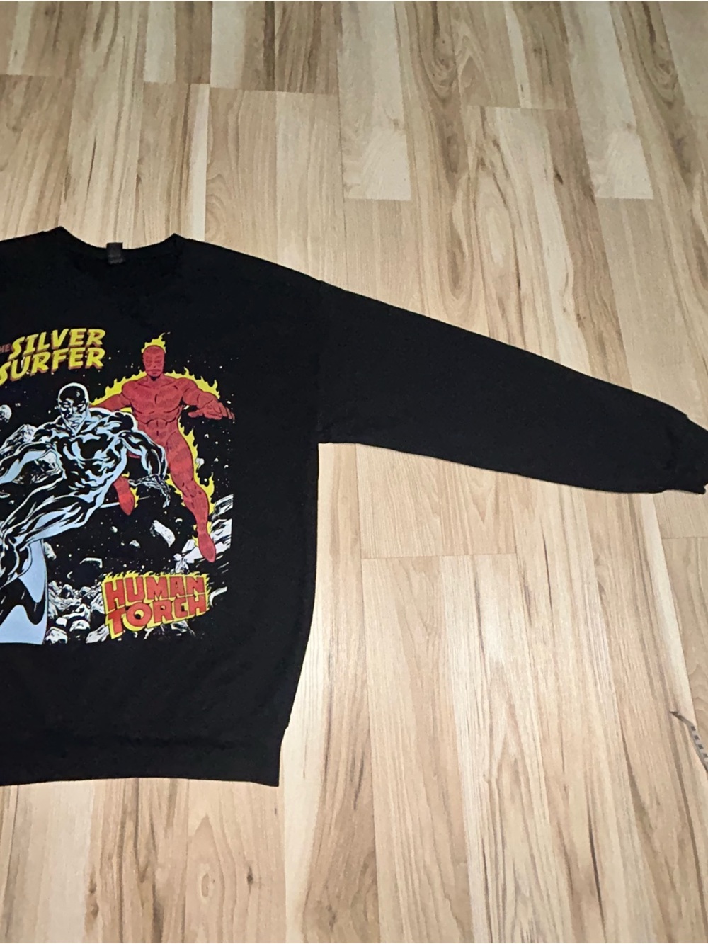 Gildan Black Crewneck Sweatshirt with Silver Surfer & Human Torch Graphic - Picture 2 of 11